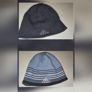 Reversible Adidas Charcoal Grey Or Light Blue White Stripe Knit Beanie with Logo